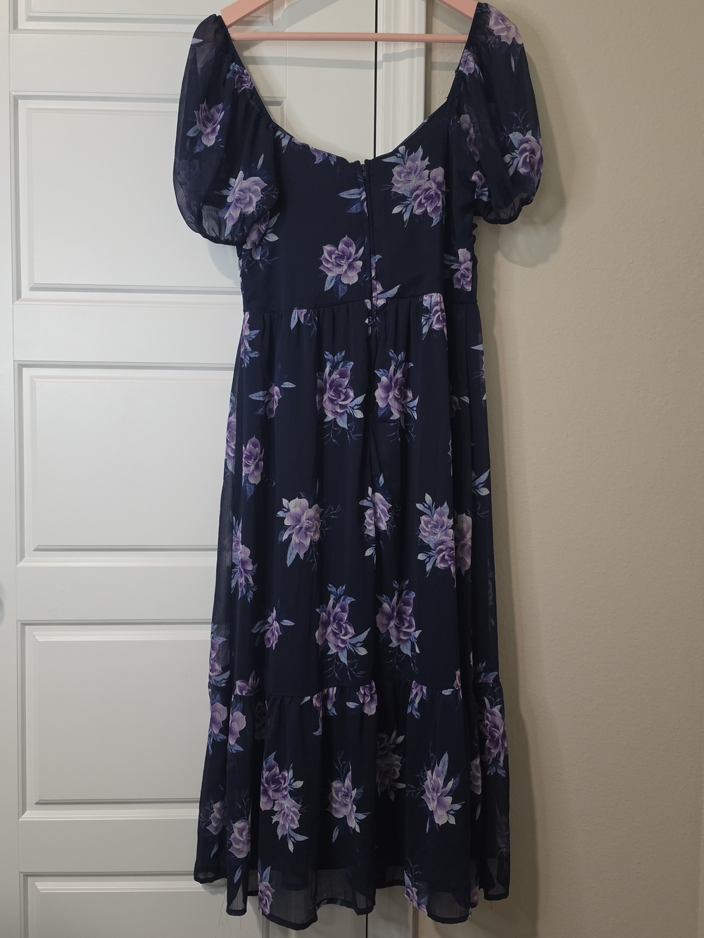Mi Ami for Francesca's Navy Purple Floral Puff Sleeve Midi Dress - Picture 2 of 9